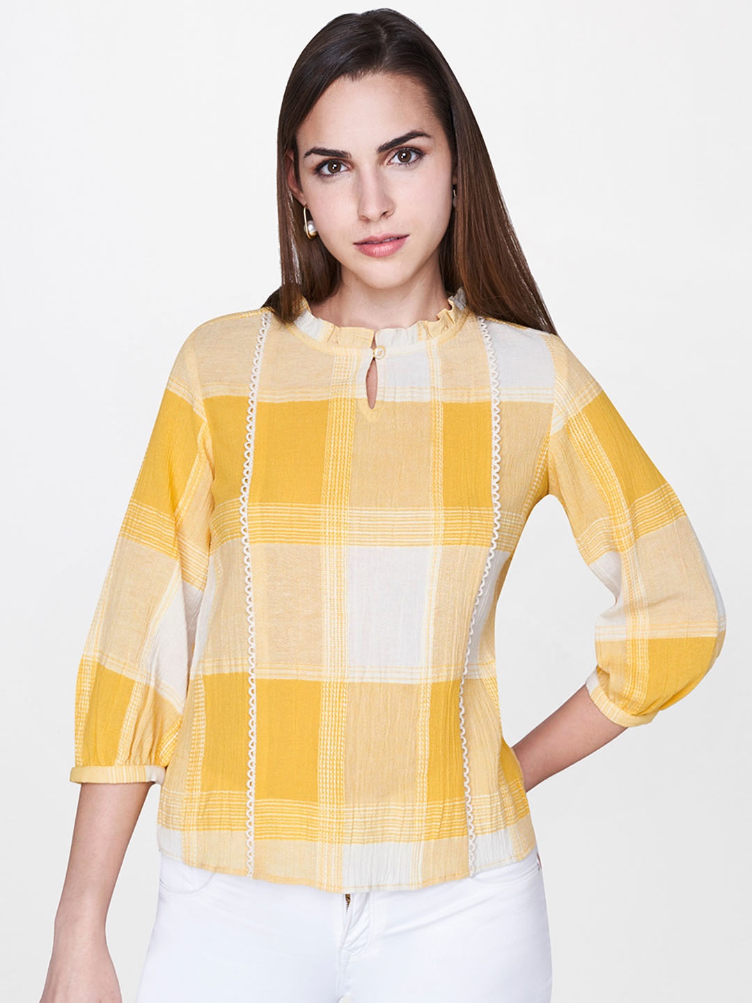 

AND Women Mustard Yellow & White Checked Pure Cotton Top With Lace insert Detail