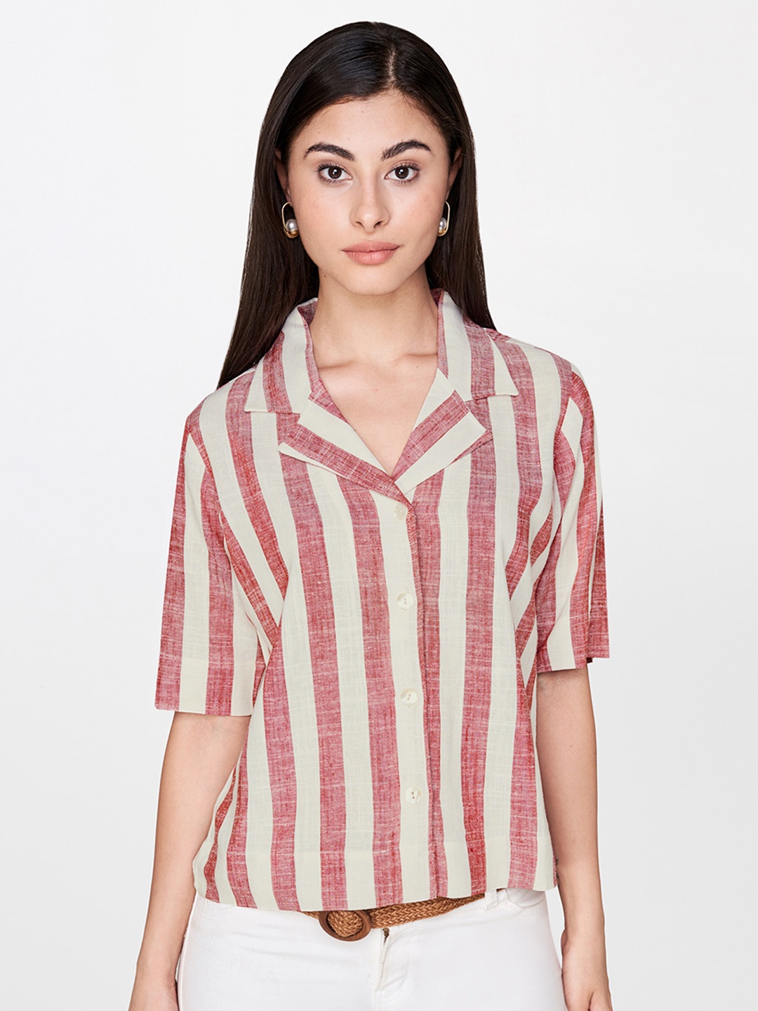 

AND Women Red & White Regular Fit Striped Casual Shirt