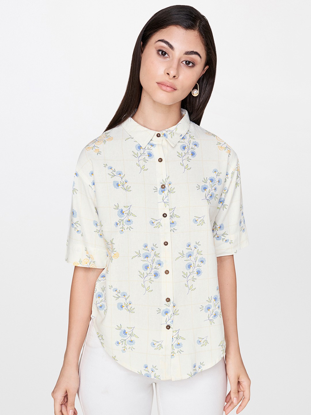 

AND Women White & Blue Regular Fit Printed Casual Shirt