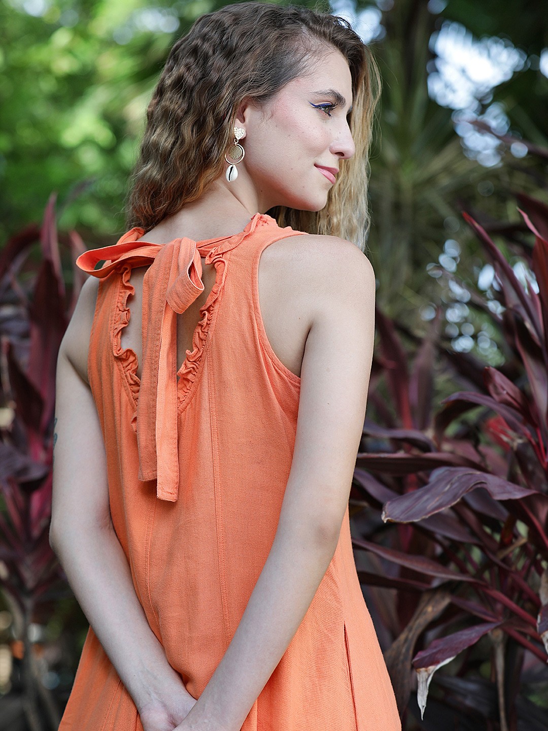 

AND Women Orange Solid A-Line Linen Dress With Back Tie-Up Detail