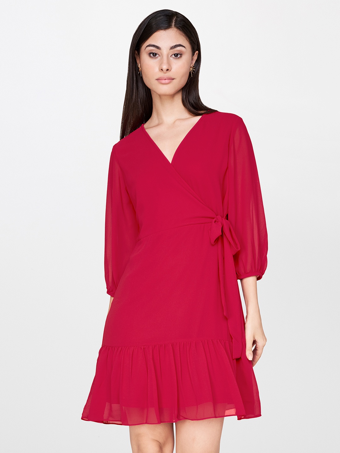 

AND Women Red Solid Wrap Dress With Tie-Up Detail