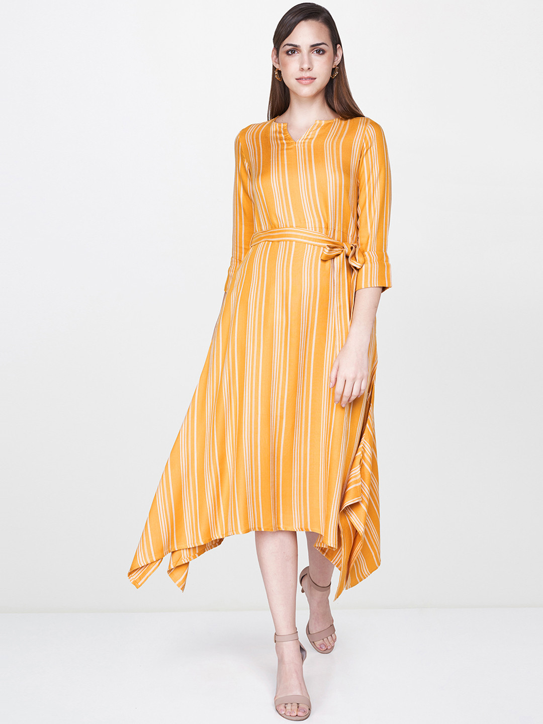 

AND Women Mustard Yellow Striped A-Line Dress With A Belt