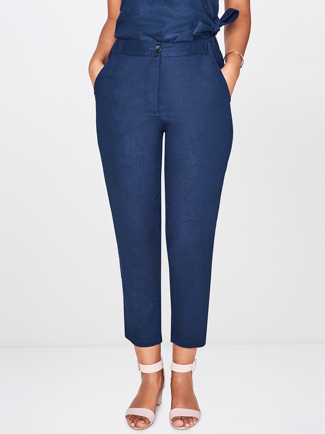

AND Women Blue Regular Fit Solid Linen Cigarette Trousers