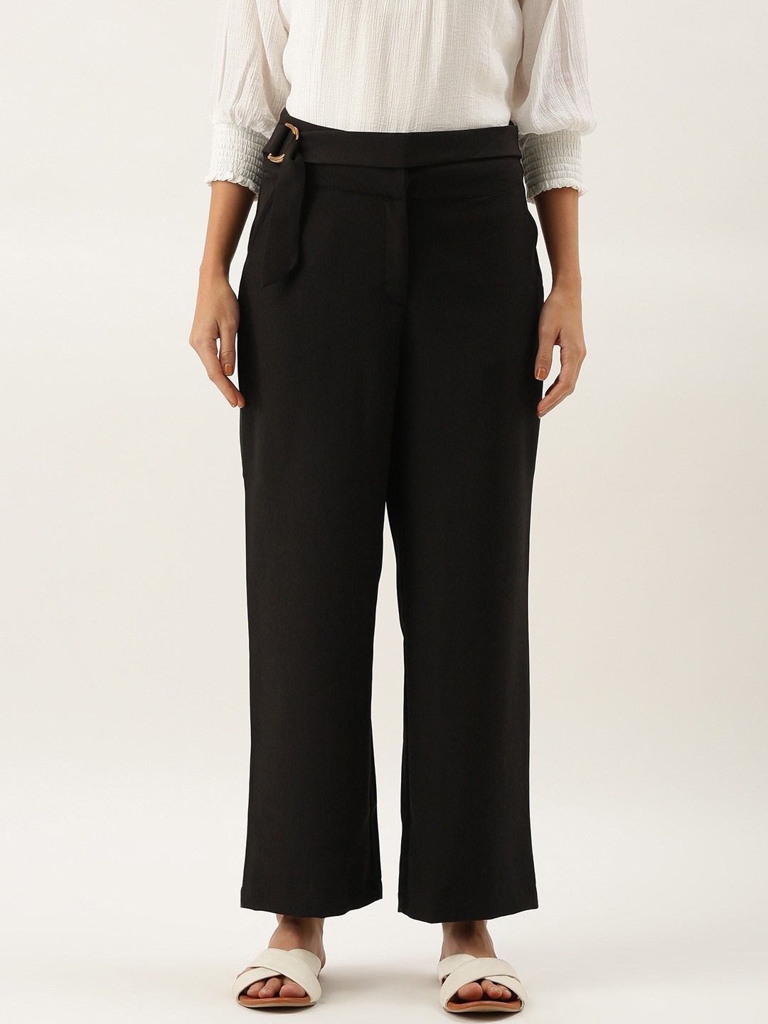 

AND Women Black Regular Fit Solid Parallel Trousers