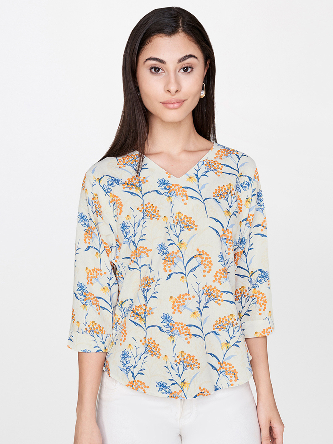 

AND Women Off-White Floral Print Top