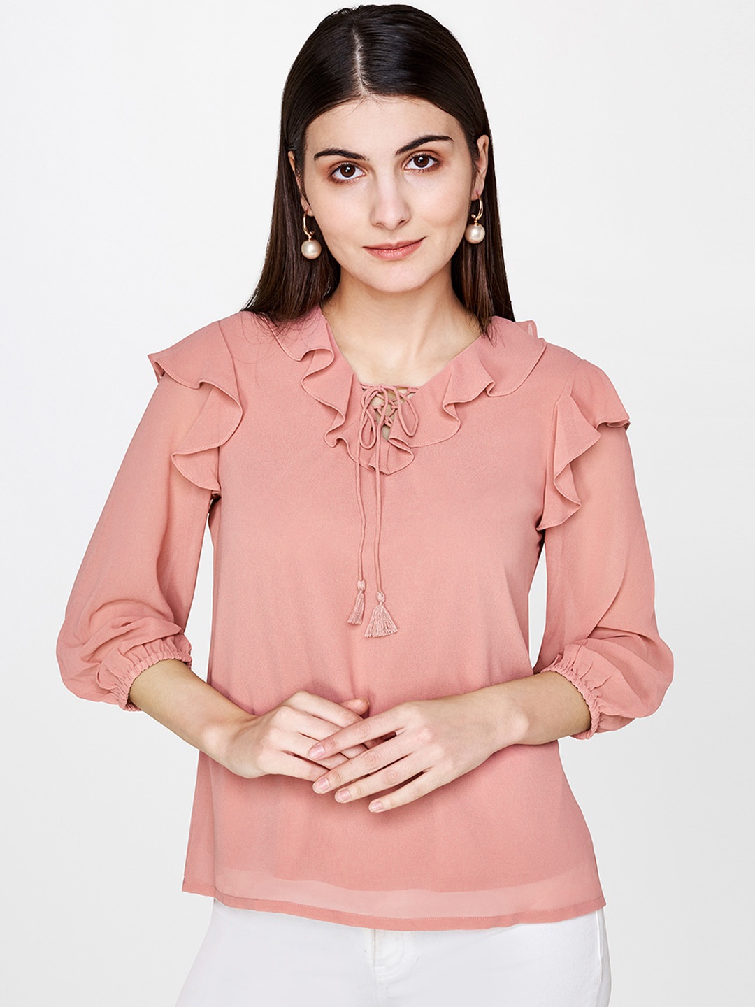 

AND Women Pink Solid Top With Ruffles