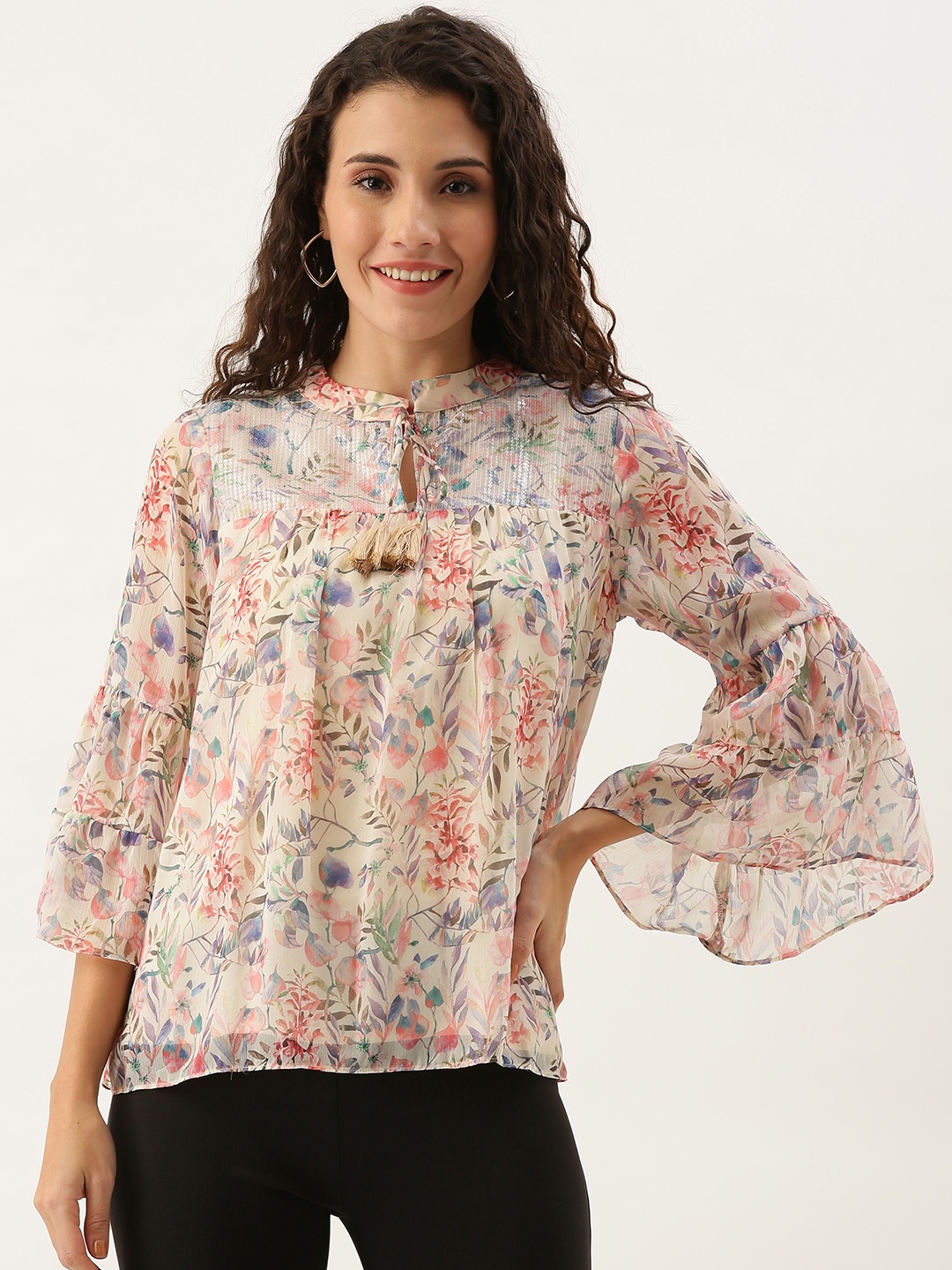 

AND Women Off-White & Pink Floral Print Top with Sequinned Detail