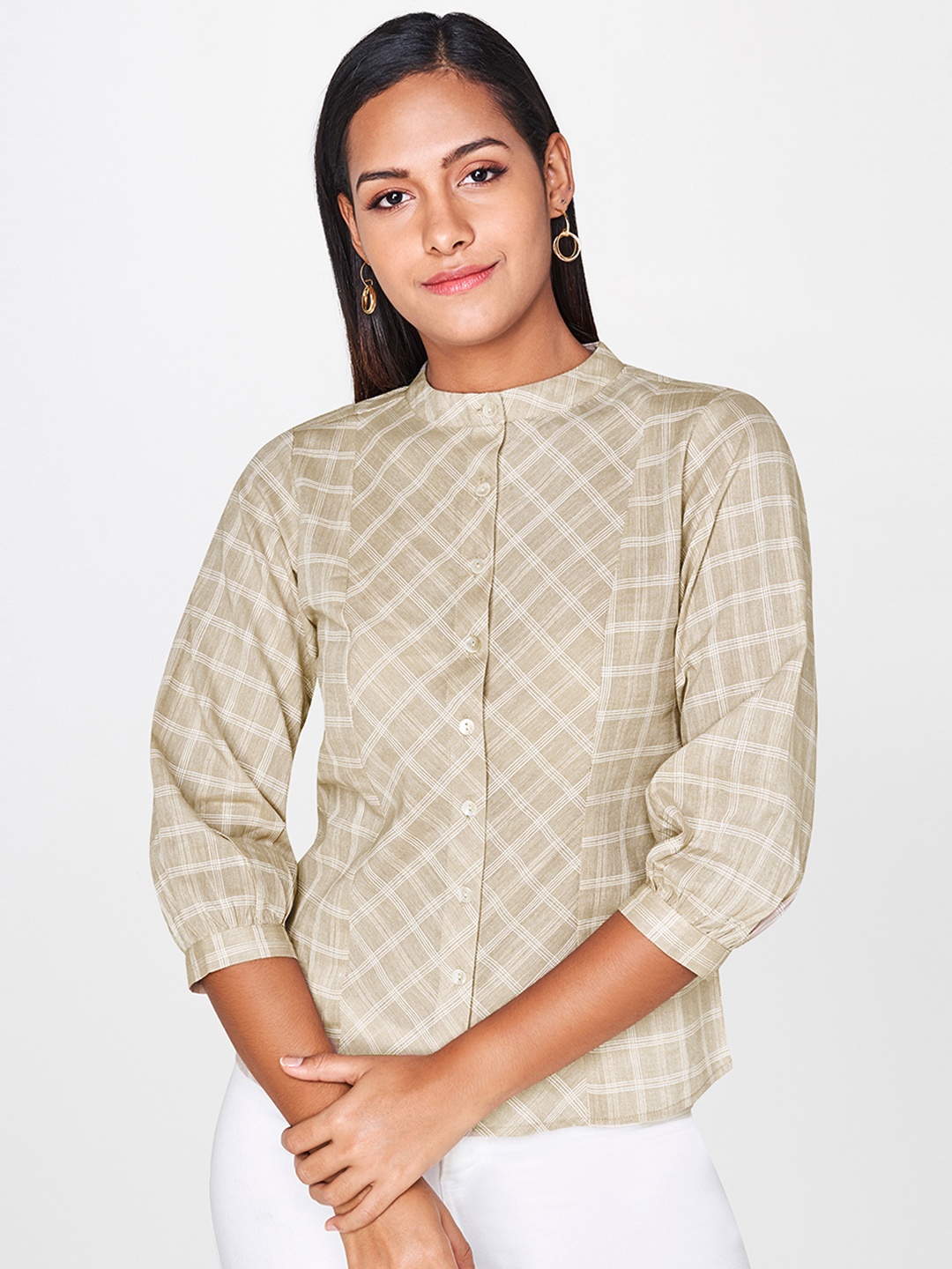 

AND Women Beige & White Regular Fit Checked Casual Shirt