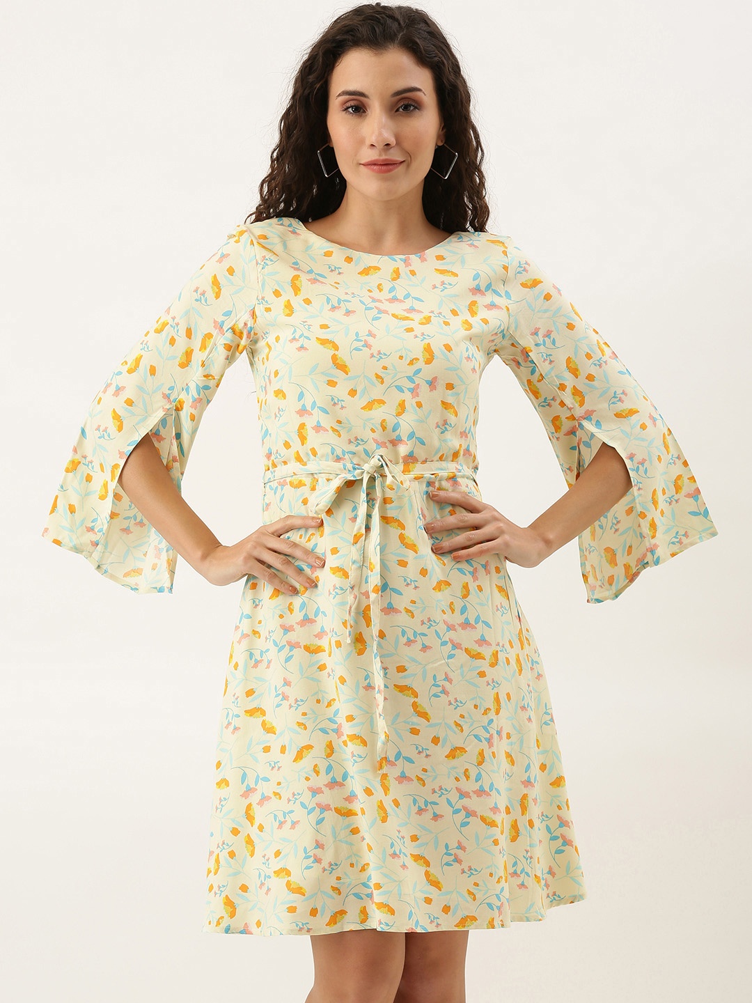 

AND Women Yellow & Orange Printed A-Line Dress with Smocked Detail