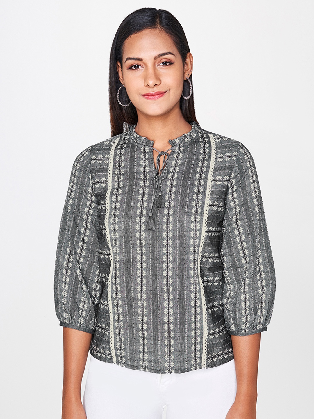 

AND Women Grey Self Design Pure Cotton Top