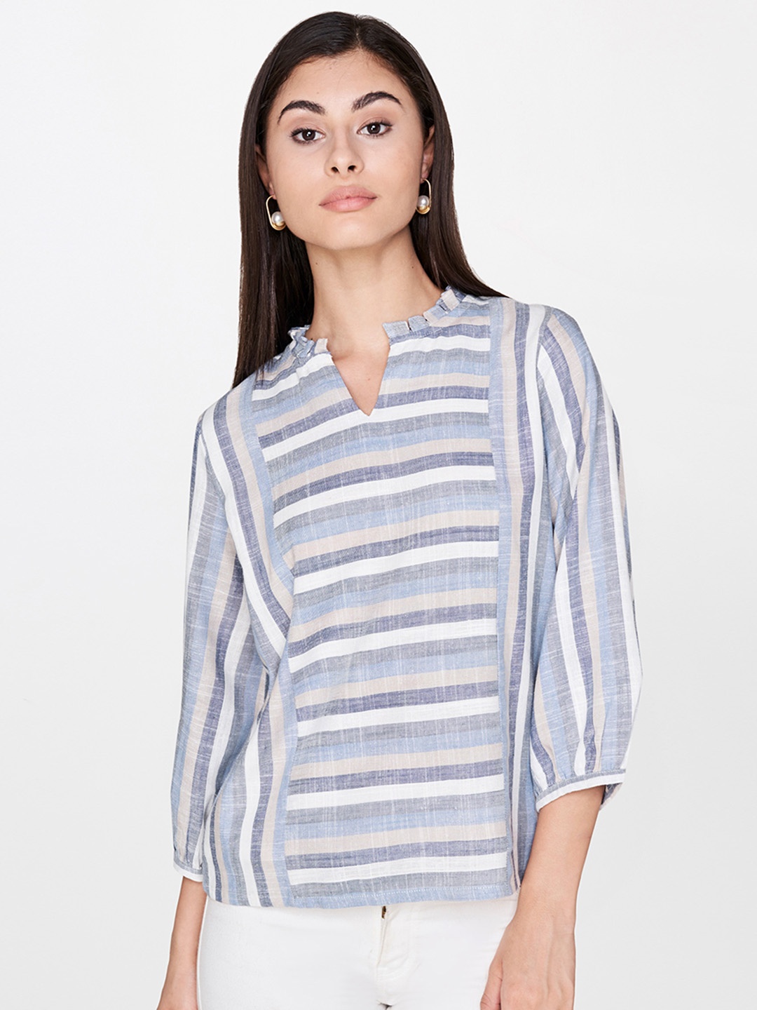 

AND Women Blue & White Striped Top With Ruffle Detail