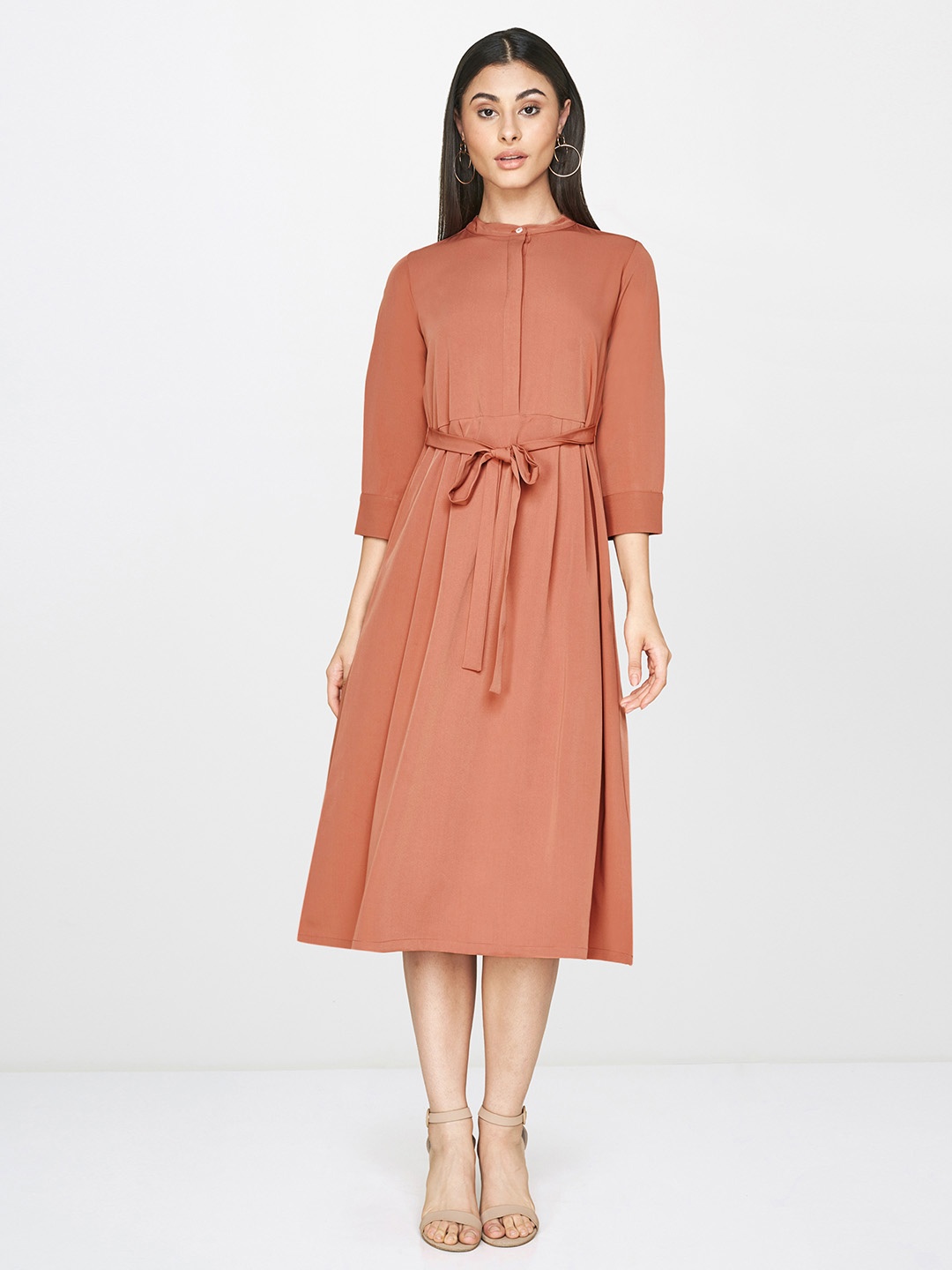 

AND Women Brown Solid Fit and Flare Dress