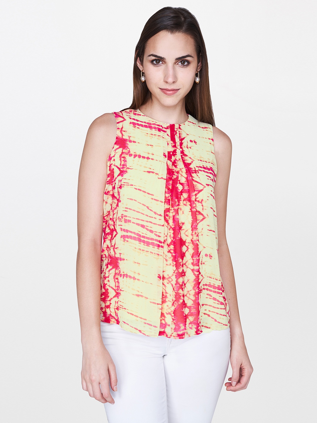 

AND Women Yellow & Pink Printed Top With Gathered Detail