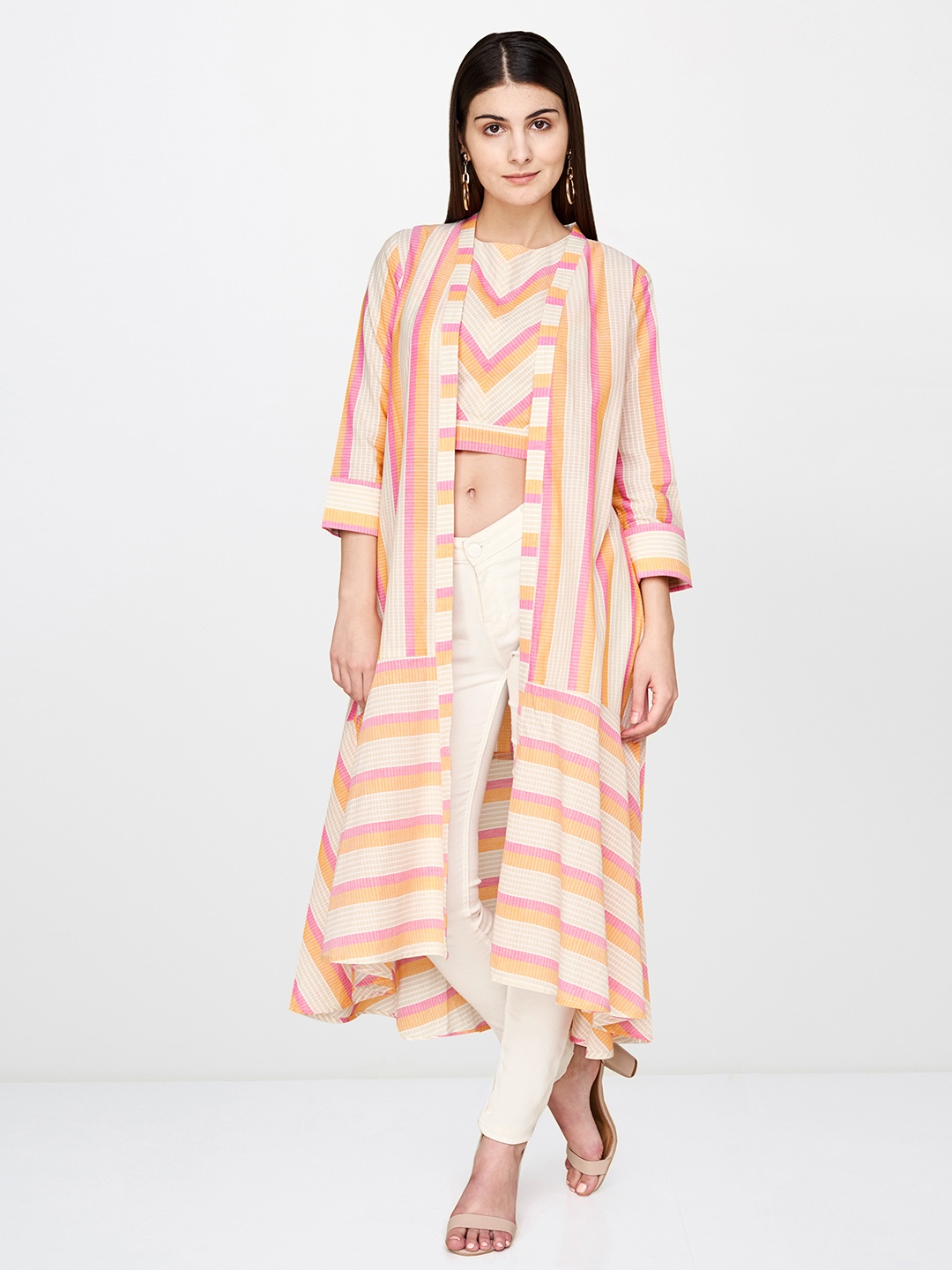 

AND Women Beige & Orange Striped Open Front Shrug
