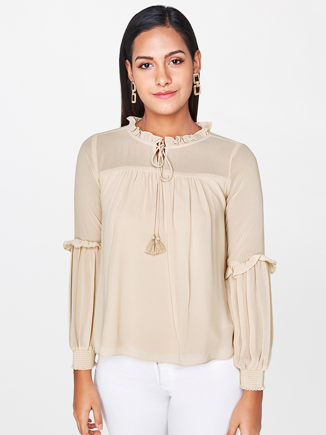 

AND Women Beige Solid Top With Ruffle Detail