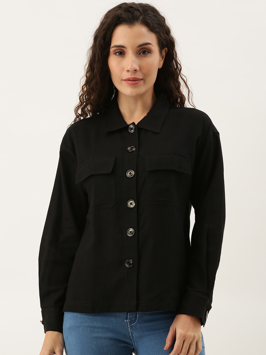 

AND Women Black Regular Fit Solid Casual Shirt