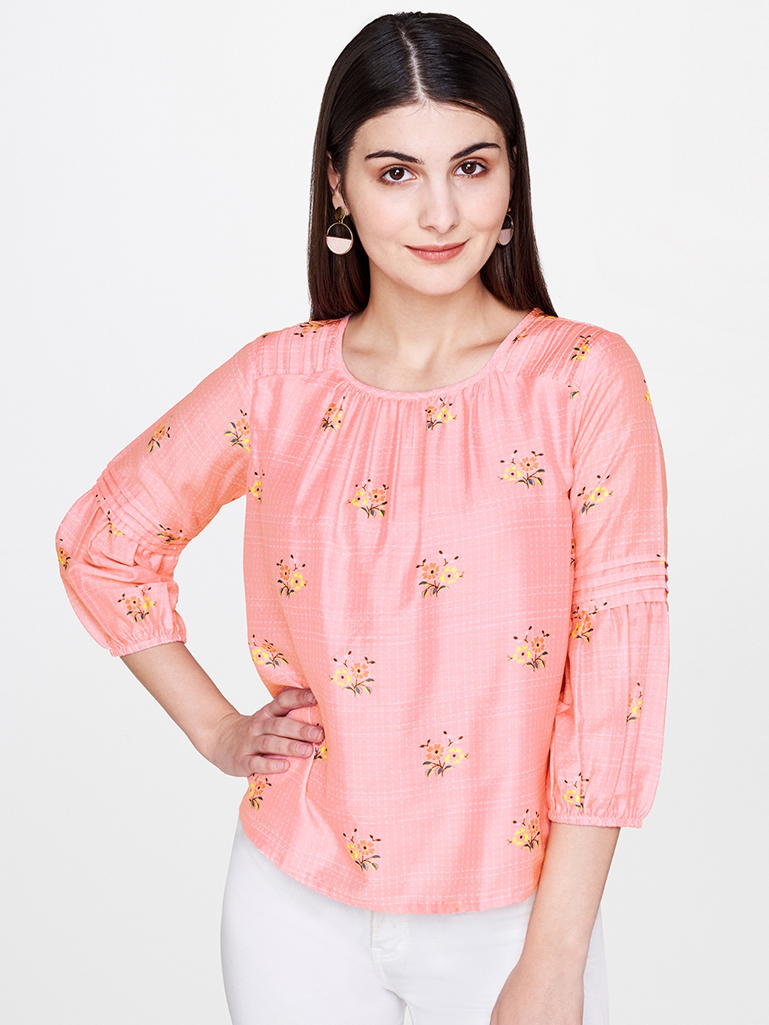

AND Women Pink Floral Print Top With Gathered Detail