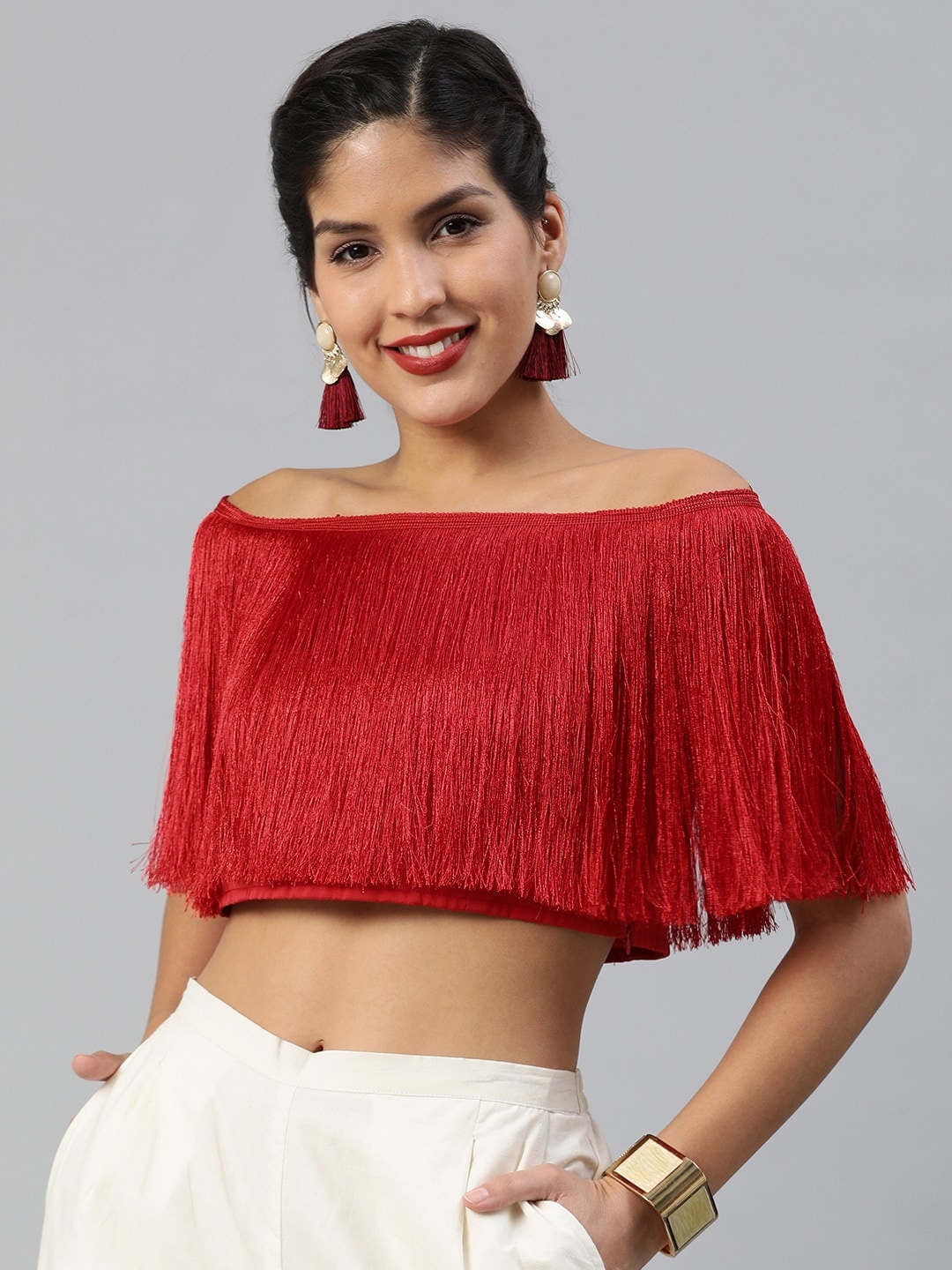 

Inddus Red Silk Blend Fringed Bardot Crop Top