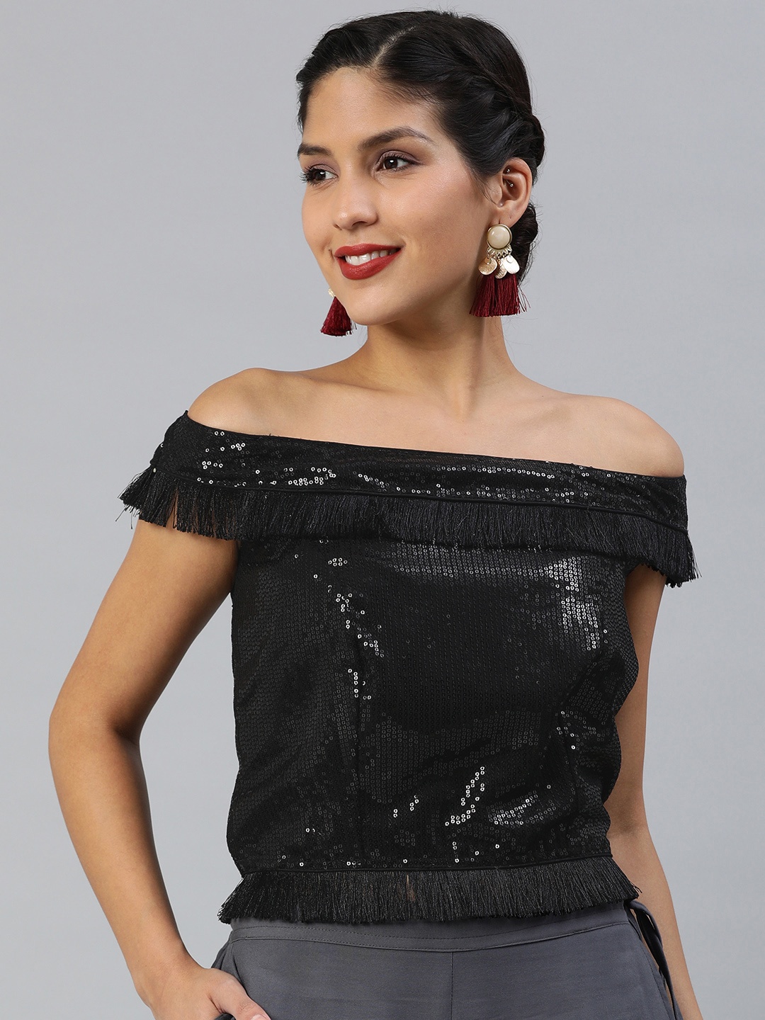 

Inddus Black Georgette Sequinned Crop Top with Fringes