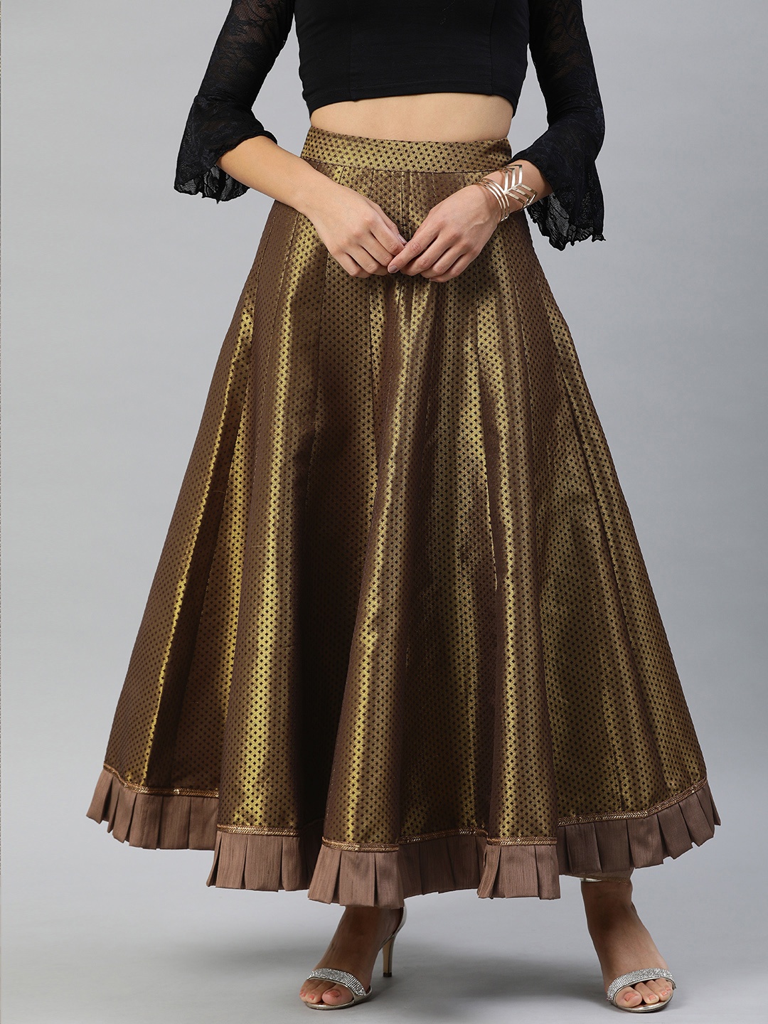 

Inddus Women Brown & Golden Silk Blend Ruffle Border Skirt