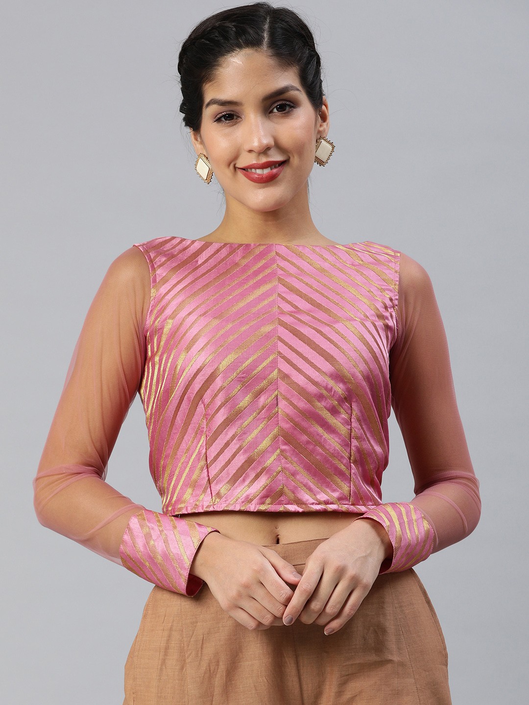 

Inddus Women Pink & Gold-Toned Net Striped Crop Top