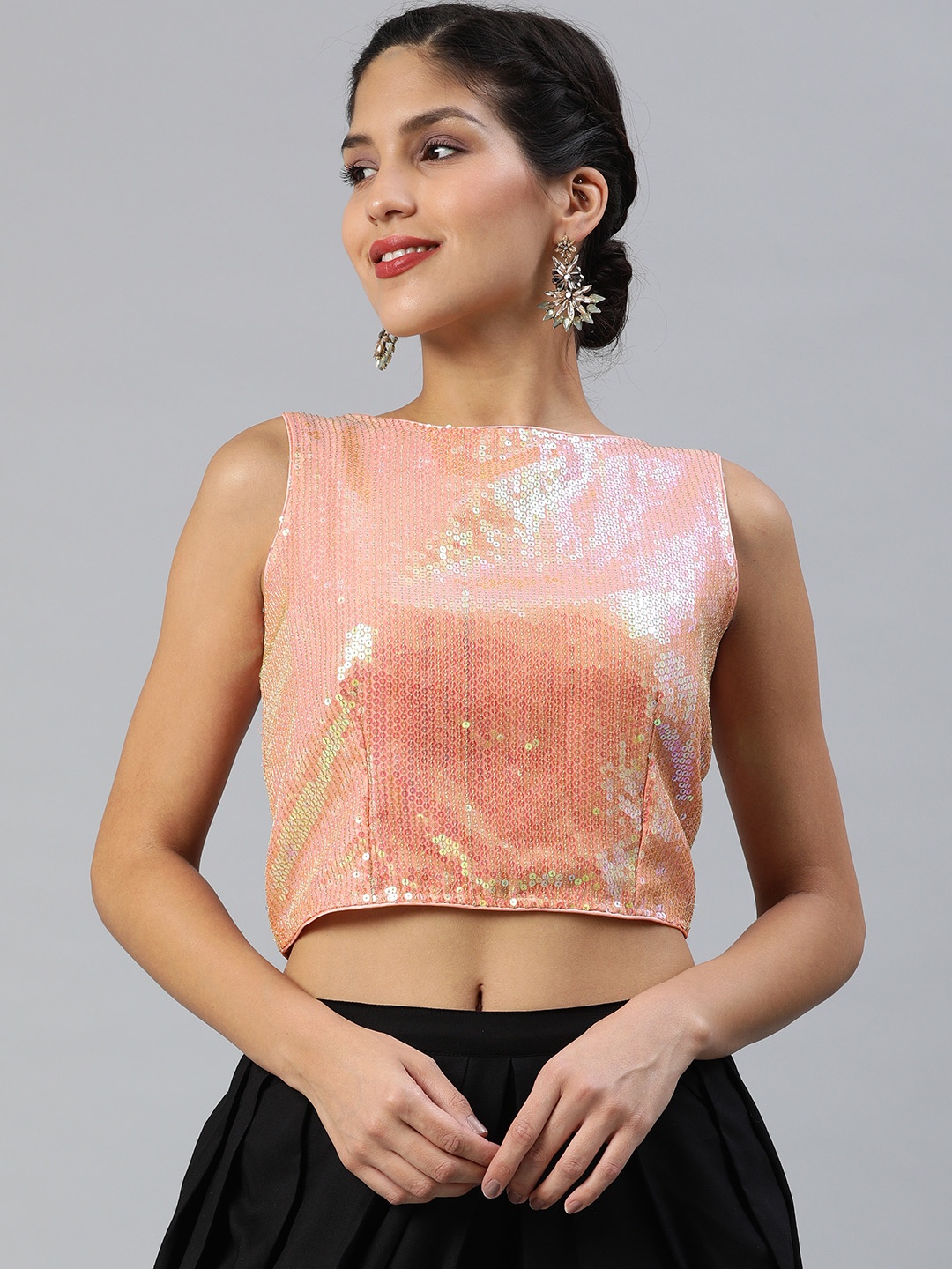 

Inddus Peach-Coloured Silk Blend Sequinned Crop Top