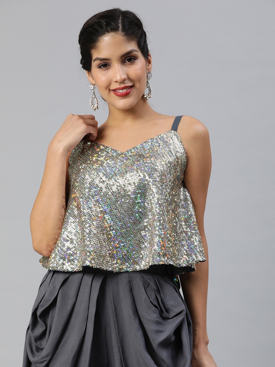 

Inddus Women Grey Self Design Sequined Boxy Top
