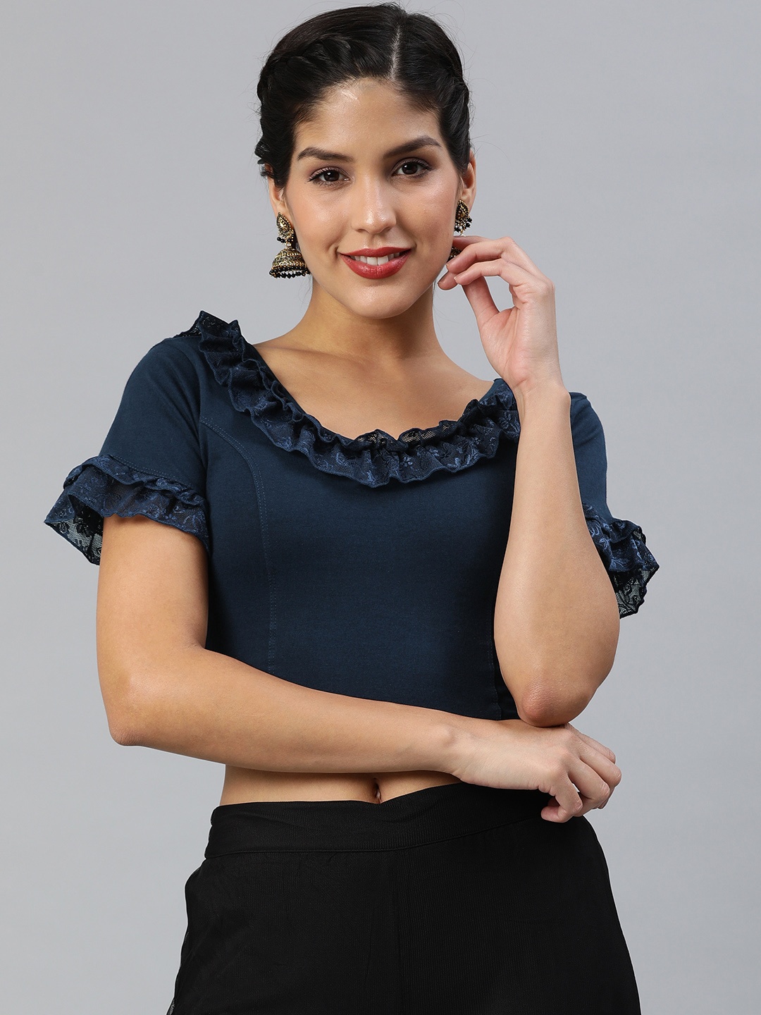 

Inddus Navy Blue Cotton Stretch Ruffled Saree Blouse