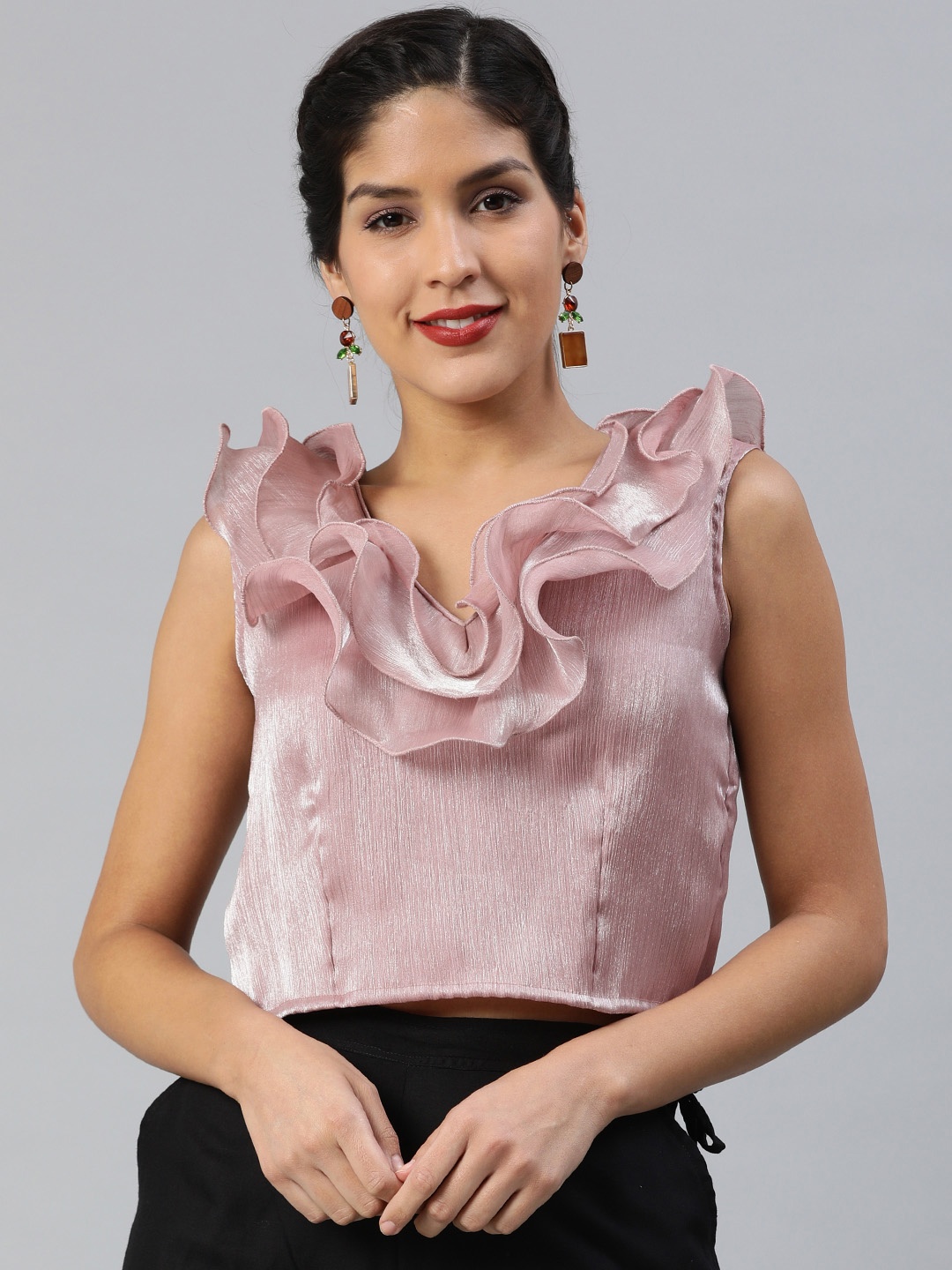 

Inddus Pink Silk Blend Ruffle Crop Top