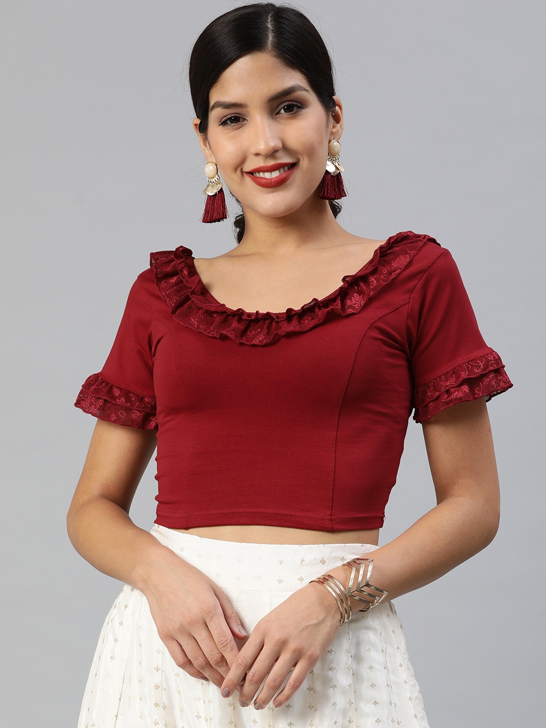 

Inddus Women Maroon Cotton Stretch Saree Blouse With Ruffles