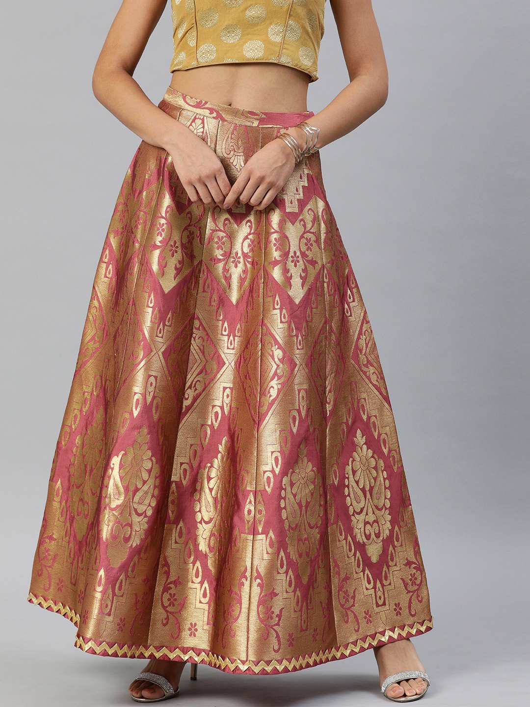 

Inddus Women Pink & Golden Brocade A-Line Ethnic Skirt