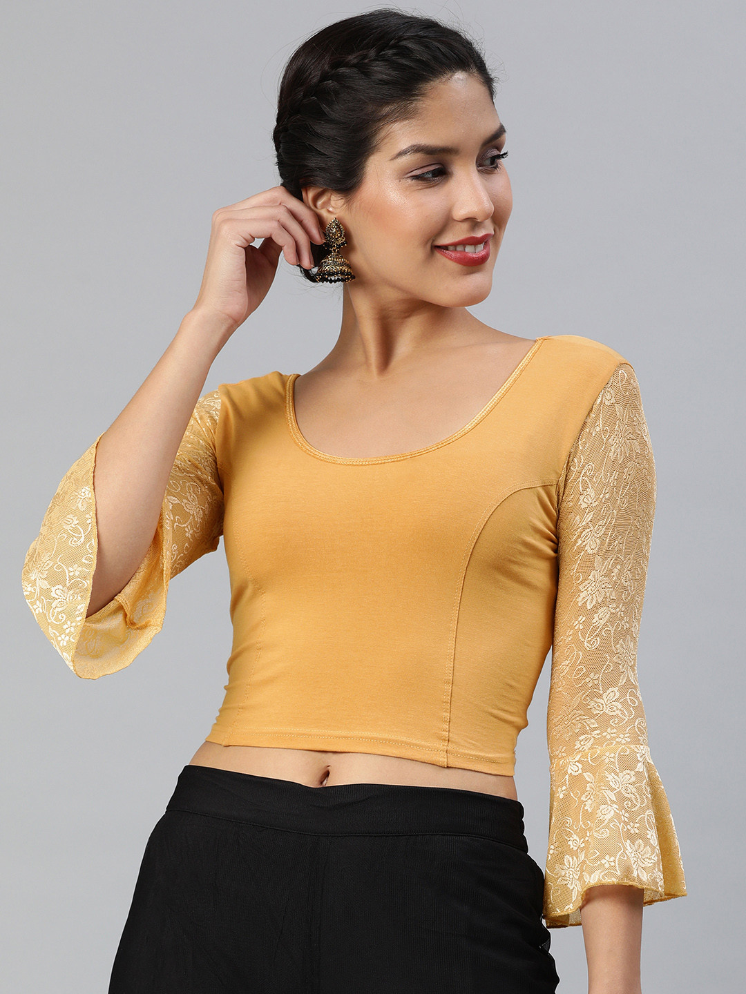 

Inddus Beige Cotton Stretch Saree Blouse with Lace Detail