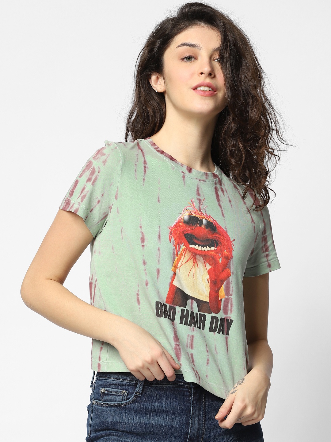 

ONLY Women Green Printed Round Neck Pure Cotton T-shirt