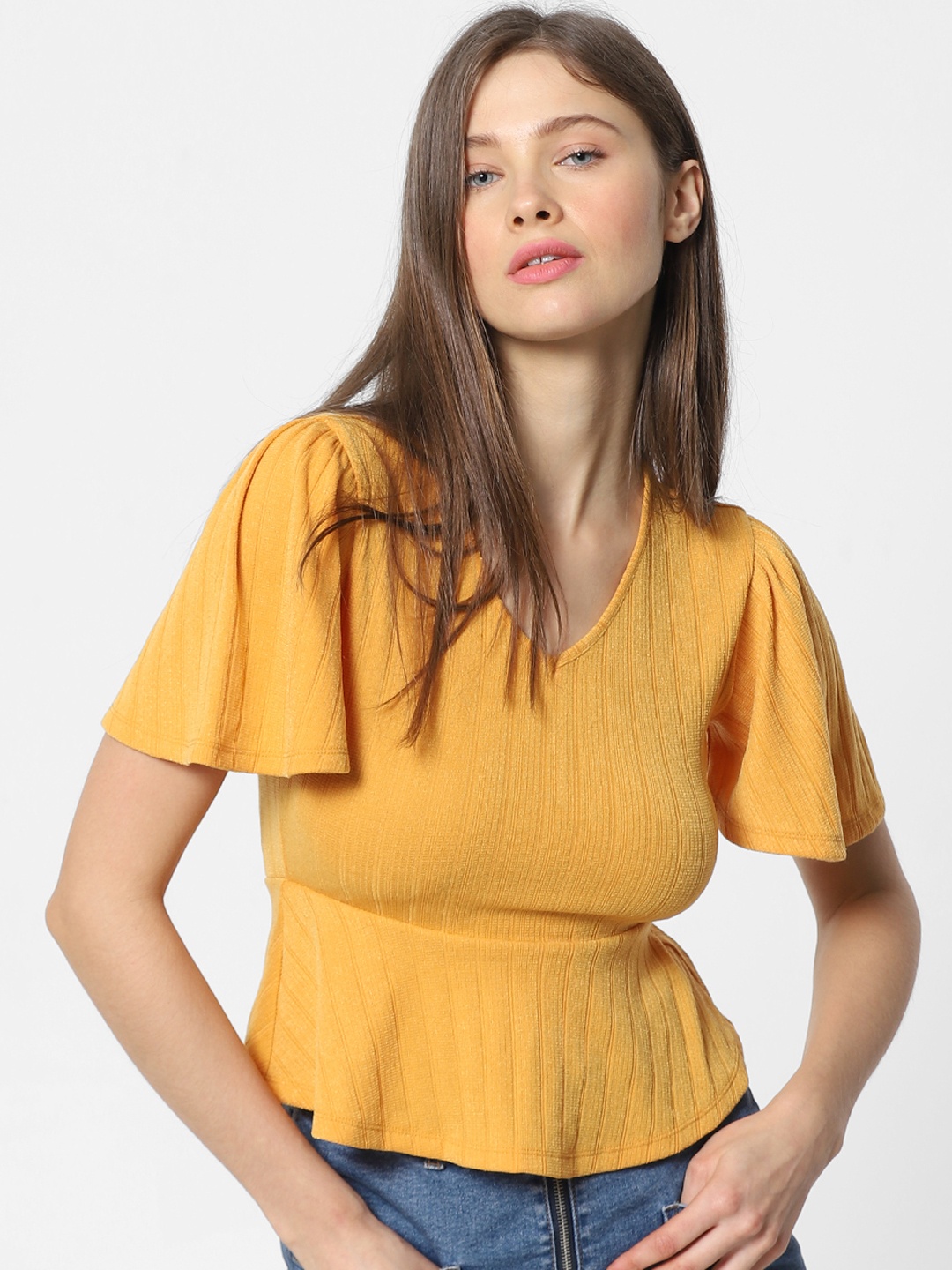 

ONLY Women Mustard Yellow Solid Peplum Top