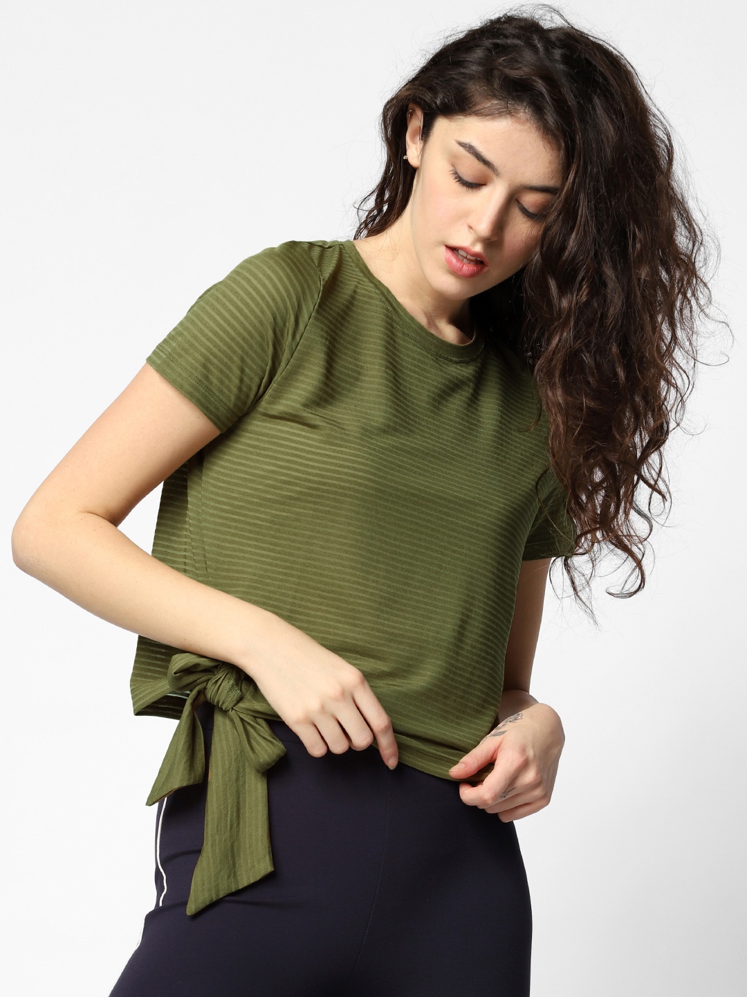 

ONLY Women Olive Green Self Striped Top With Waist Tie Up