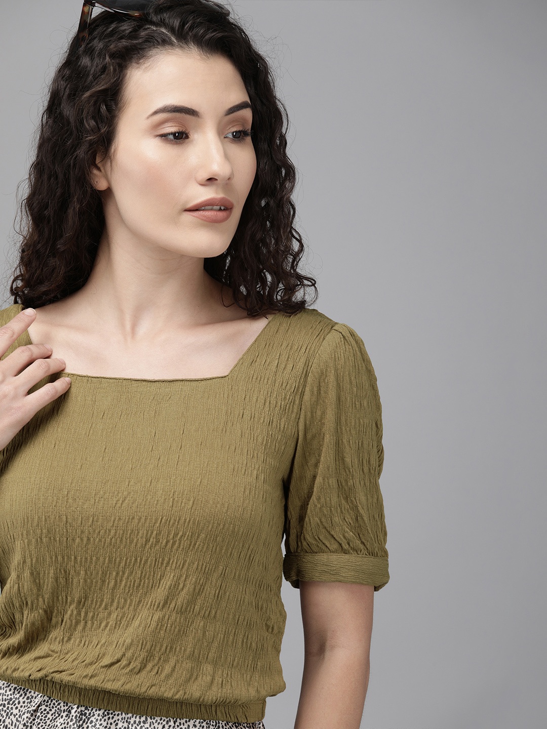 

ONLY Women Green Solid Blouson Top