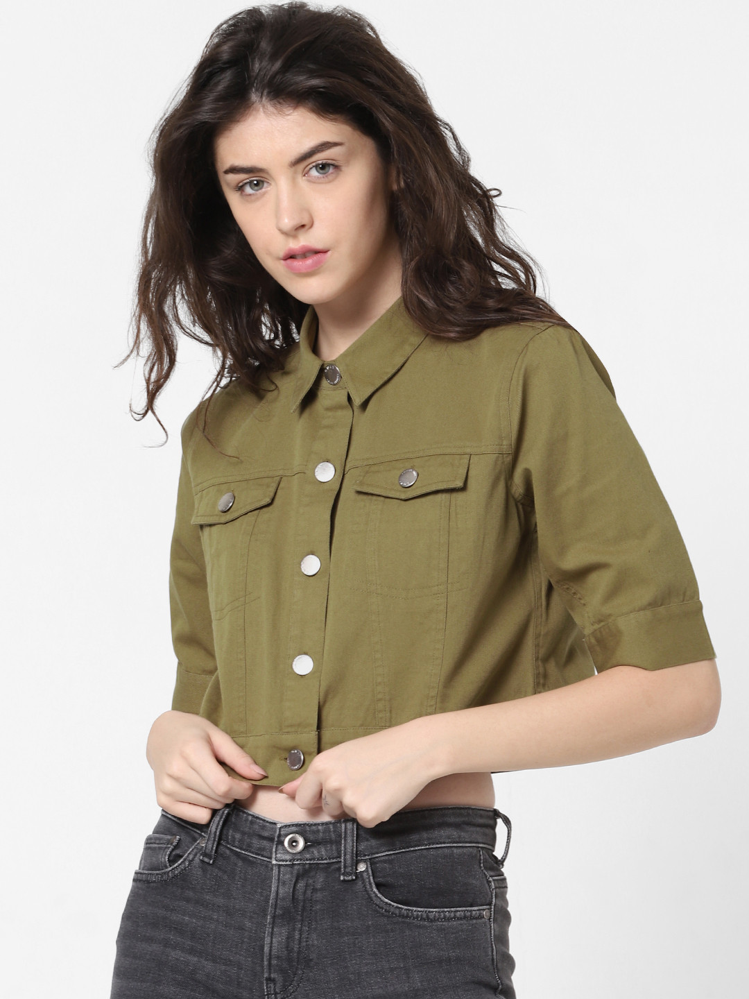

ONLY Women Olive Green Regular Fit Solid Casual Shirt
