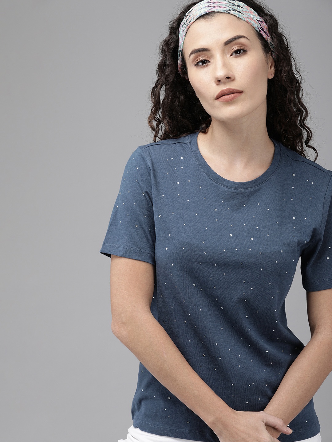 

ONLY Women Navy Blue Embellished Round Neck Pure Cotton T-shirt