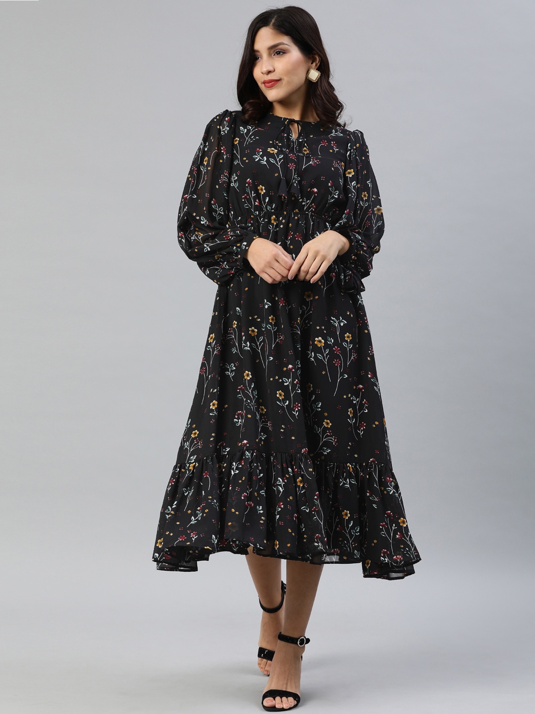 

Inddus Black Georgette Printed Ruffle A-line Midi Dress