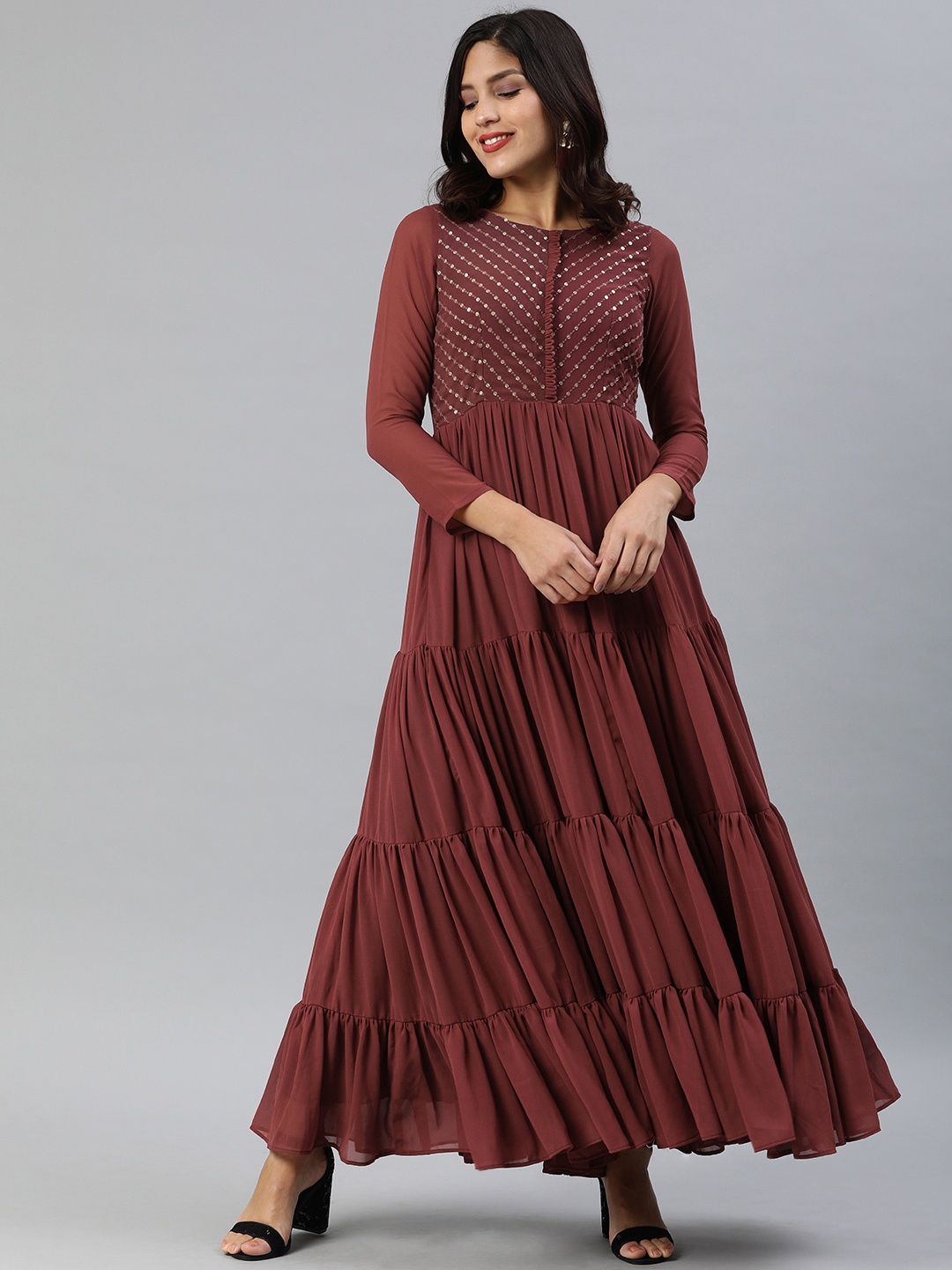 

Inddus Maroon Georgette Embroidered Tiered & Flared Maxi Dress