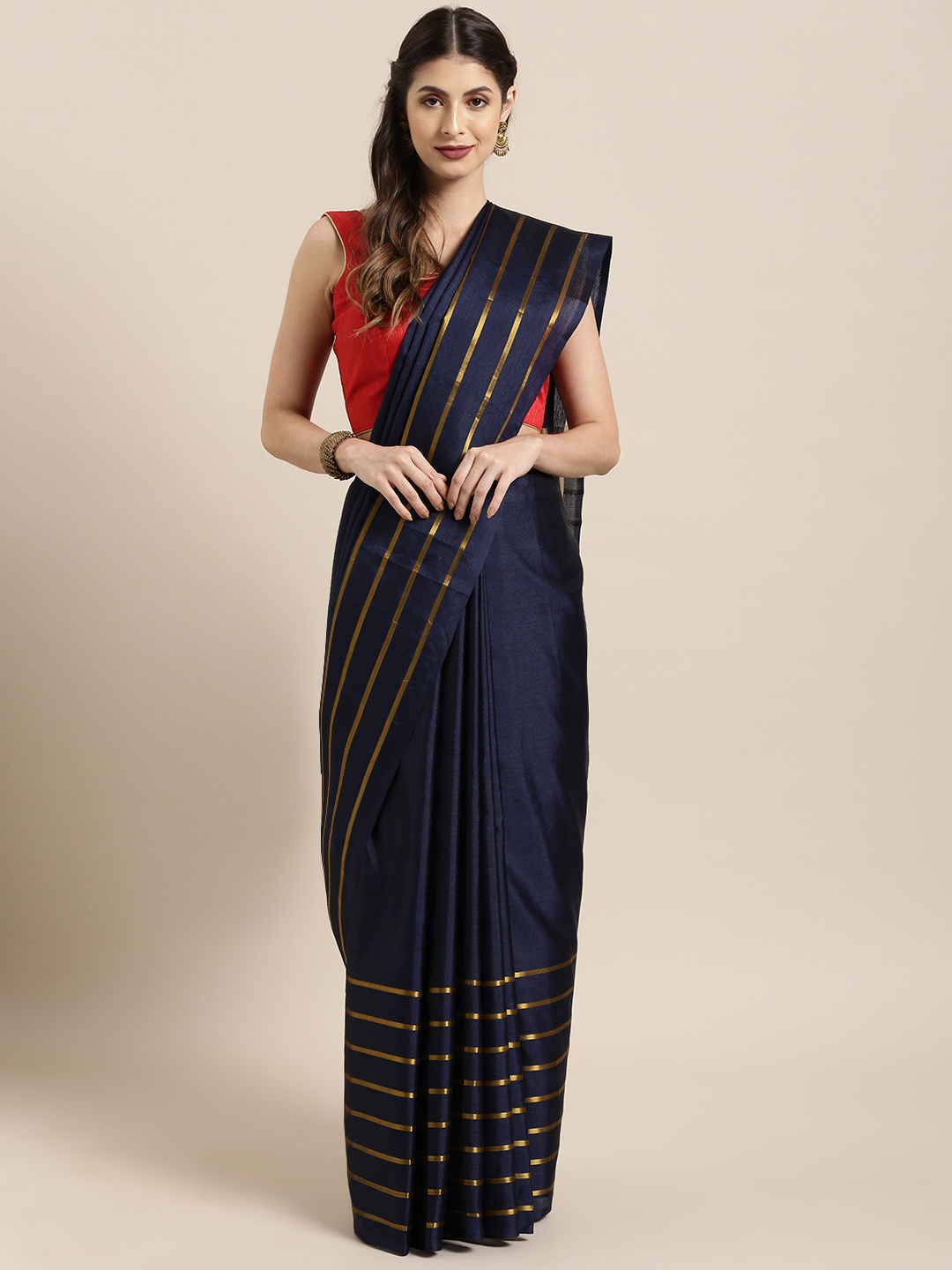 

Satrani Navy Blue & Gold-Toned Poly Silk Woven Design Saree