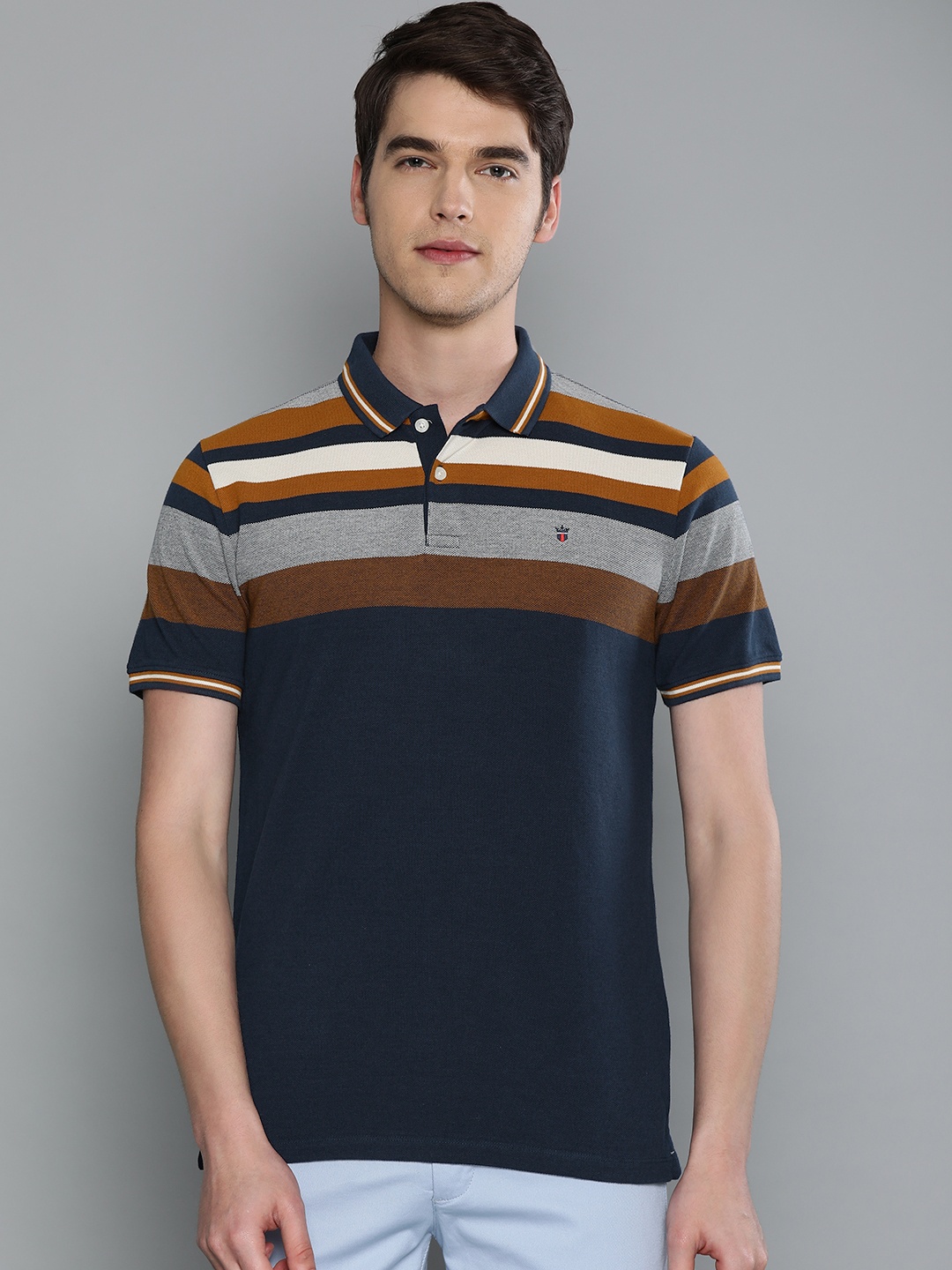 

Louis Philippe Sport Men Navy Blue & Brown Striped Polo Collar T-shirt