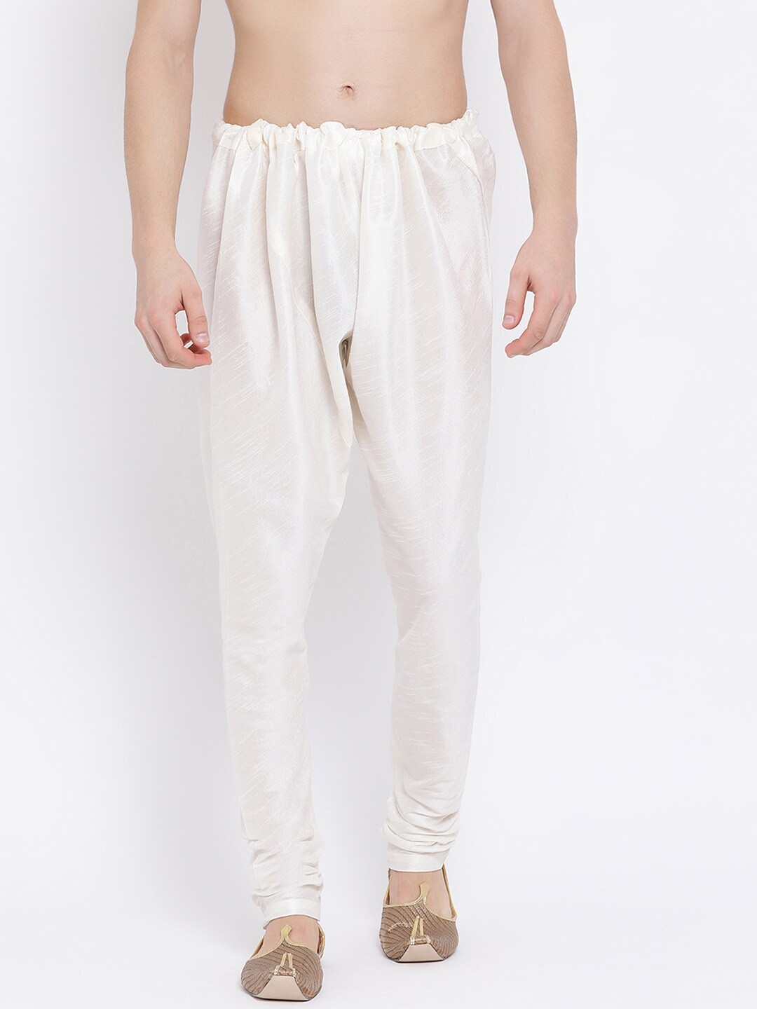 

NAMASKAR Men White Solid Pure Silk Churidar