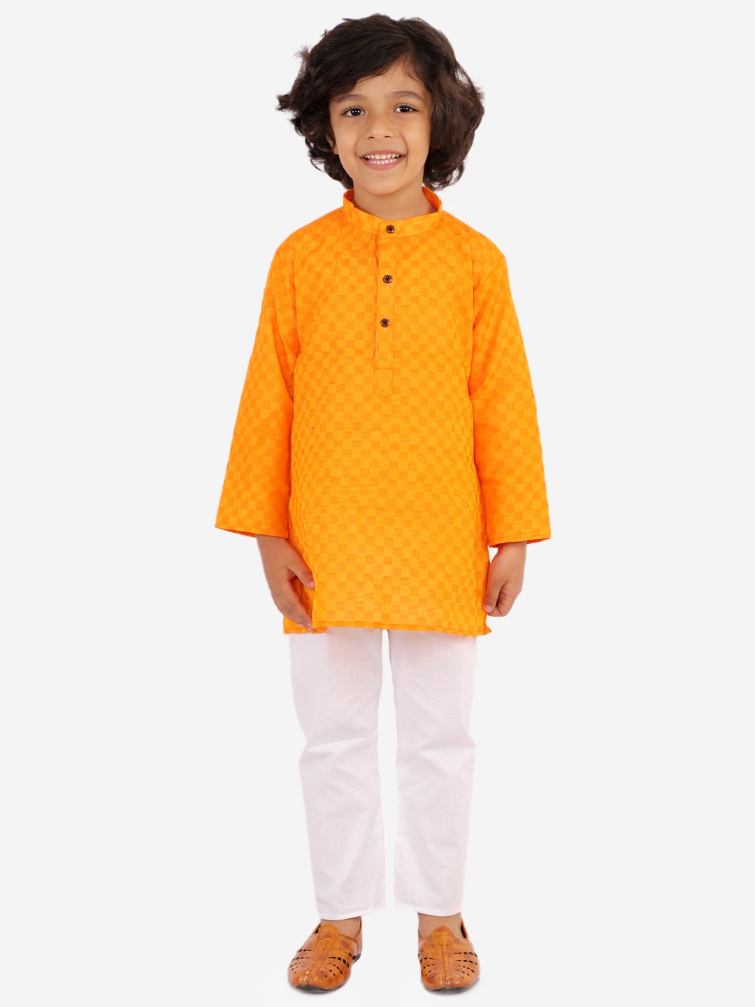 

Superminis Boys Orange & White Self Design Kurta with Pyjamas