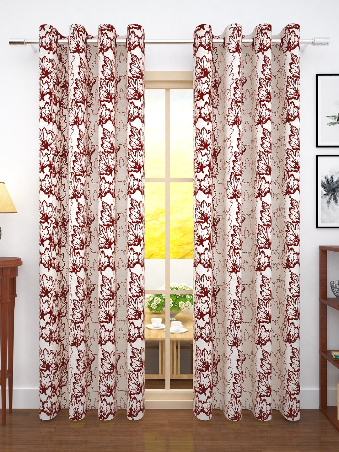 

Story@home Cream-Coloured & Maroon Set of 2 300GSM Semi Blackout Jacquard Eyelet Ringtop Door Curtains