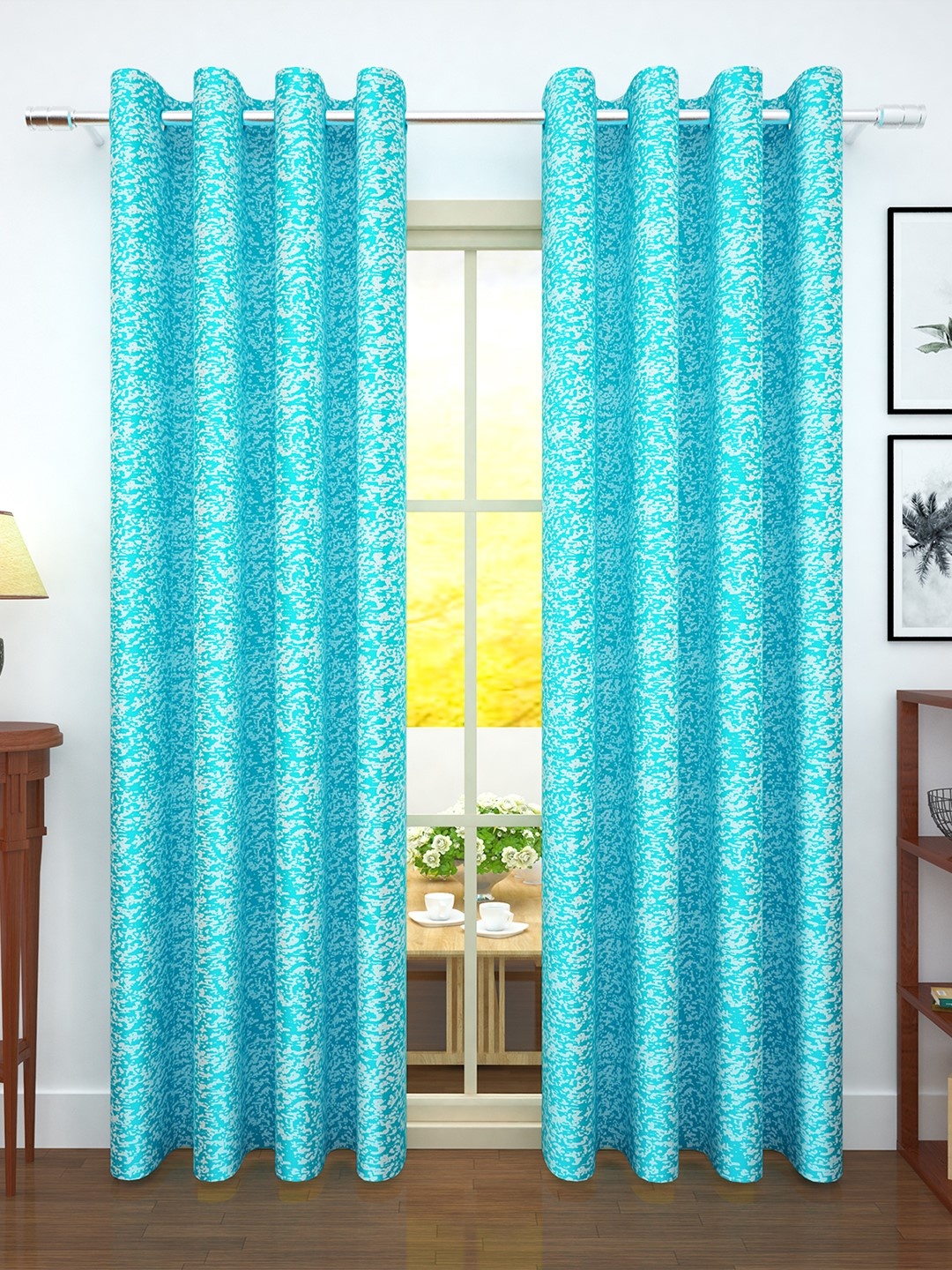 

Story@home Turquoise Blue & White 300GSM Semi Blackout Jacquard Eyelet Ringtop Set of 2 Door Curtains