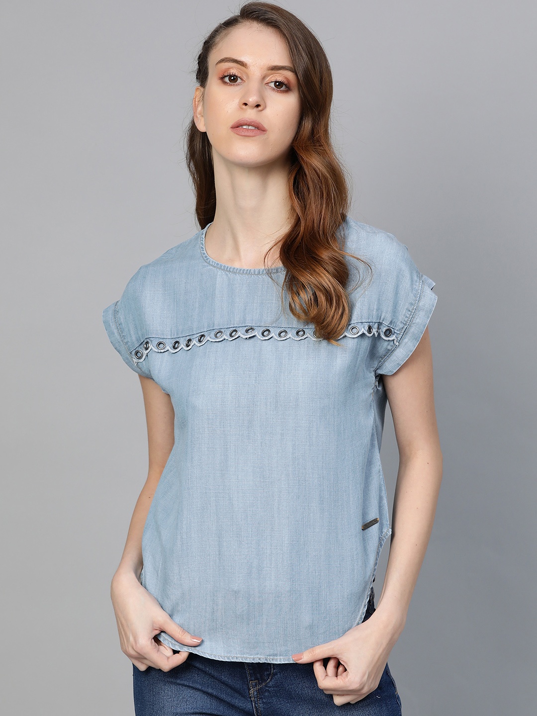 

Roadster Women Blue Solid Chambray Top