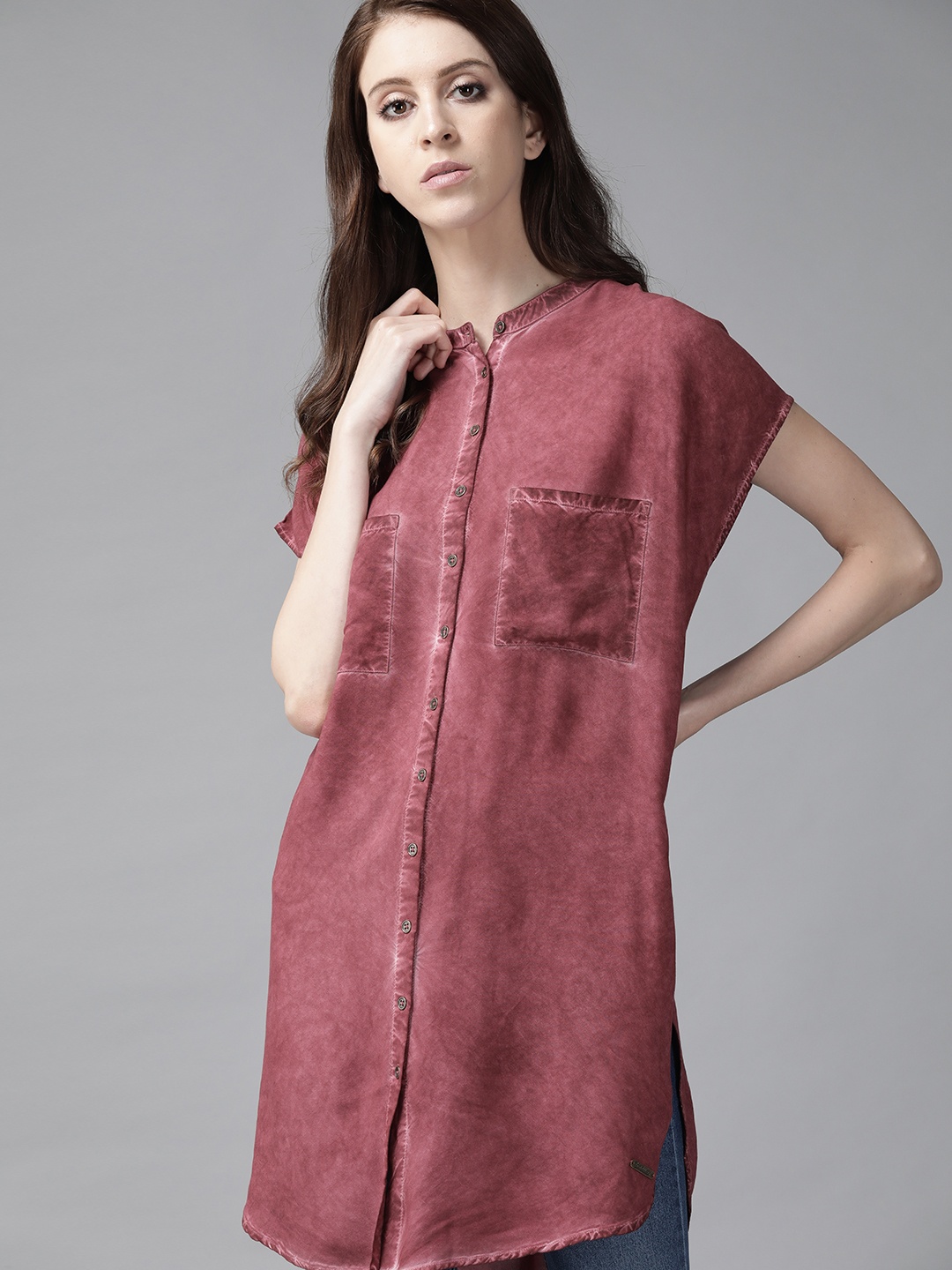

Roadster Women Pink Loose Fit Faded Longline Casual Shirt