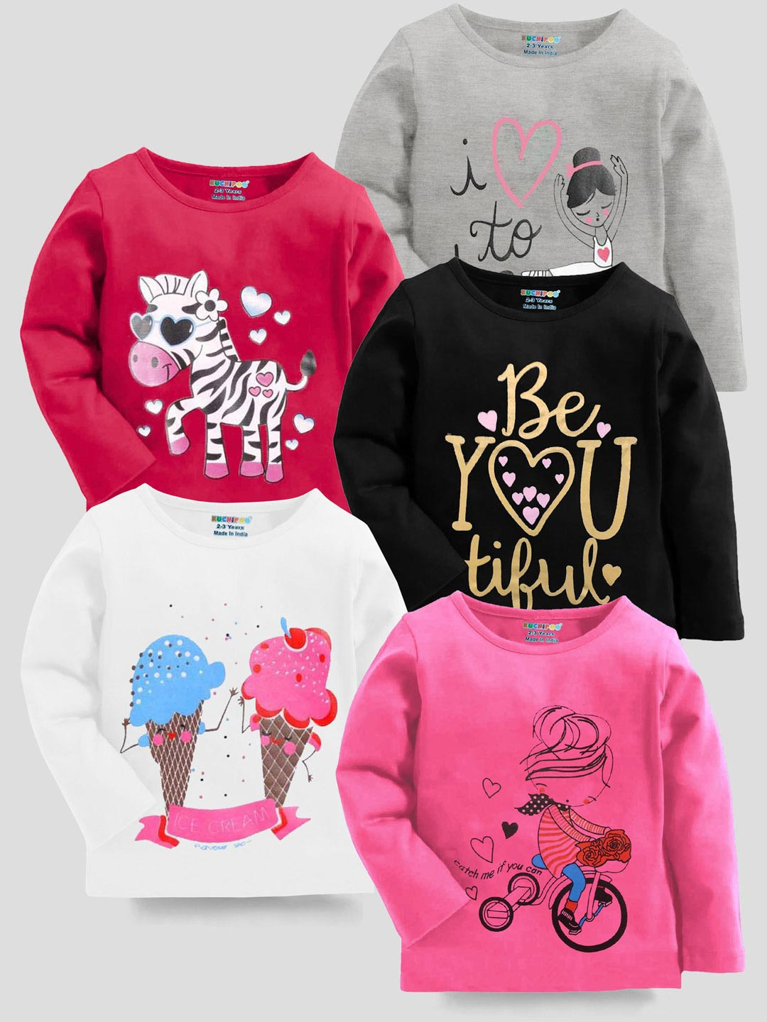 

KUCHIPOO Girls Pack of 5 Printed Round Neck T-shirts, Multi