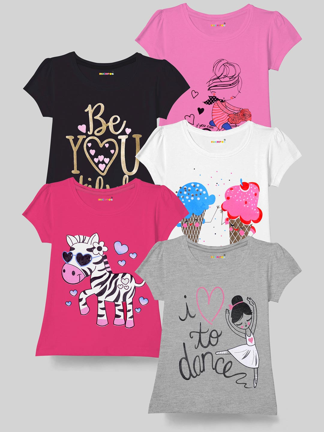 

KUCHIPOO Girls Pack of 5 Printed Round Neck T-shirts, Multi